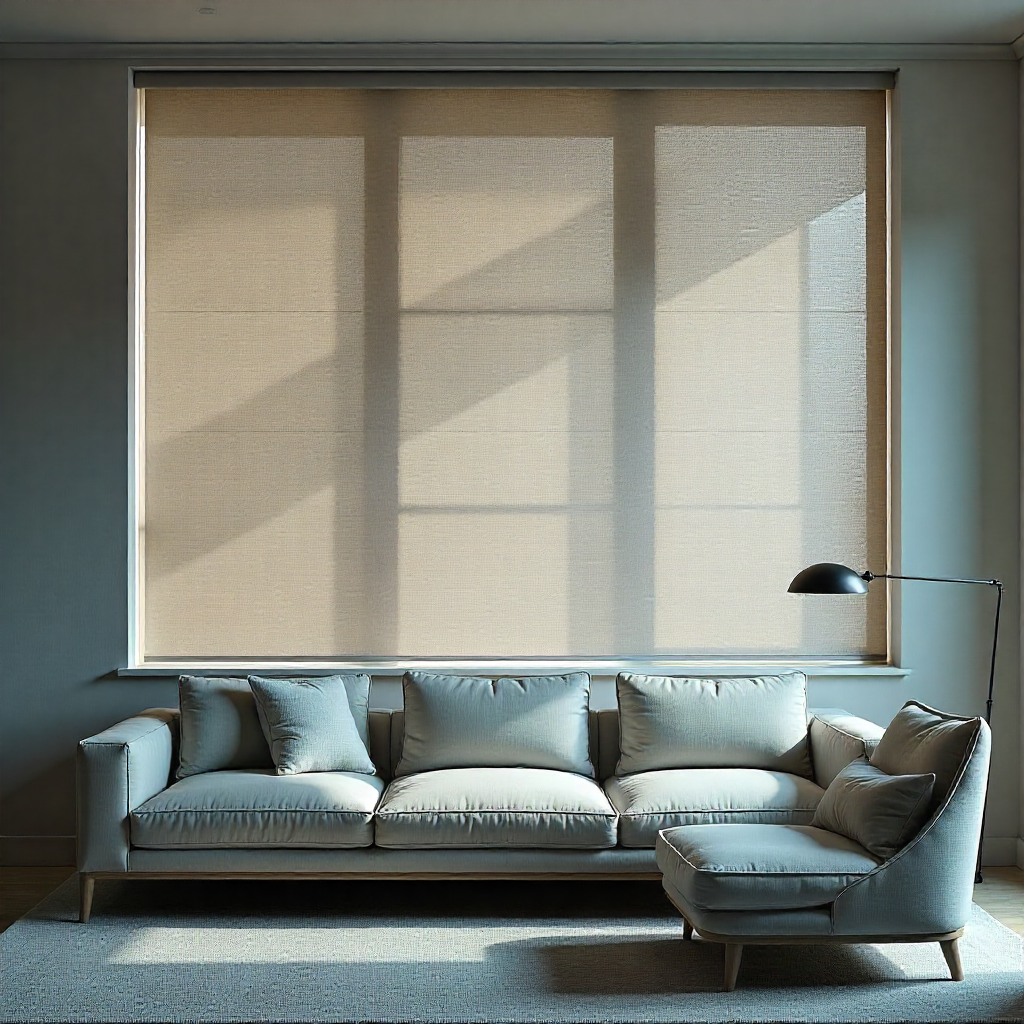Serene living room with muted beige acoustic blinds