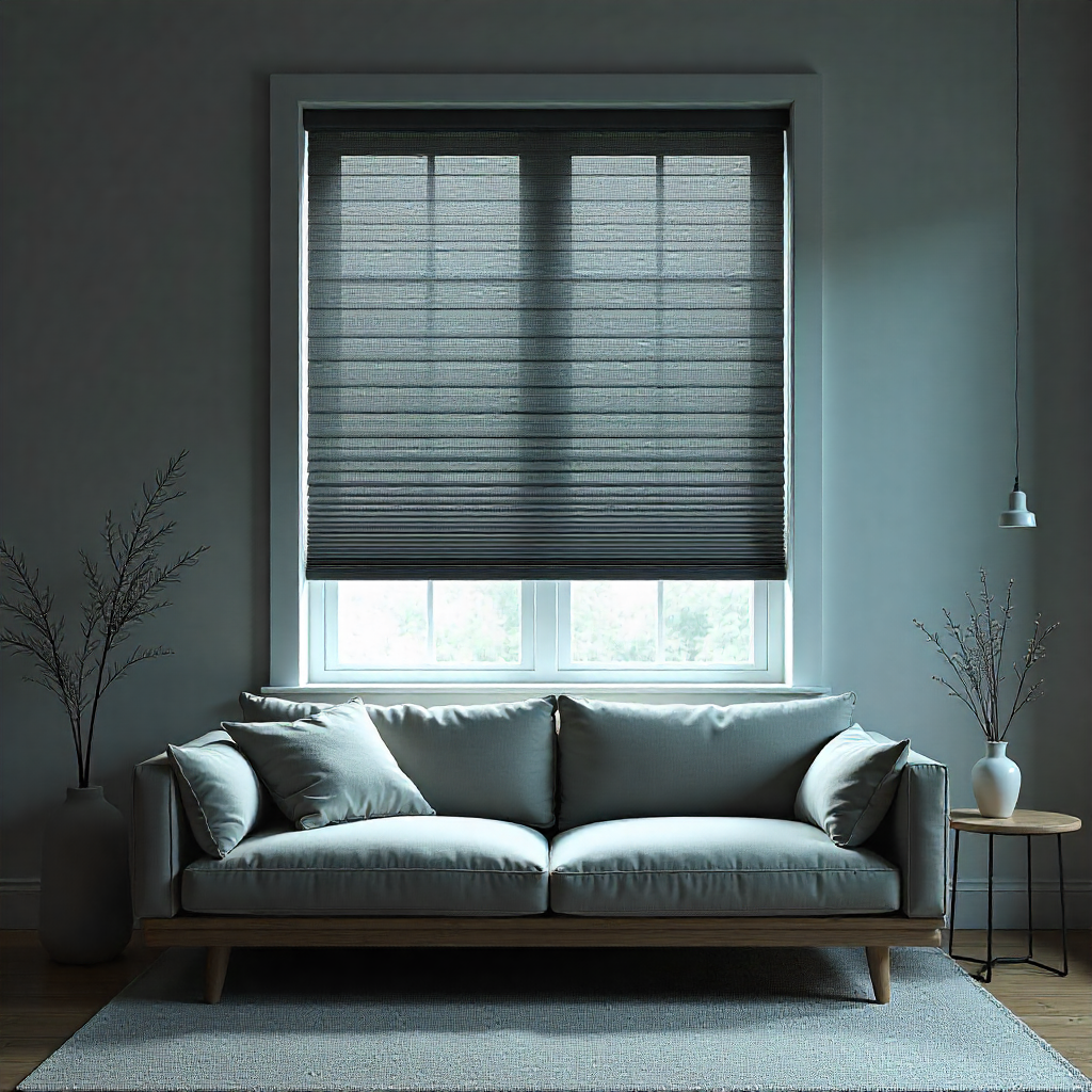 Living room with soft muted acoustic blinds