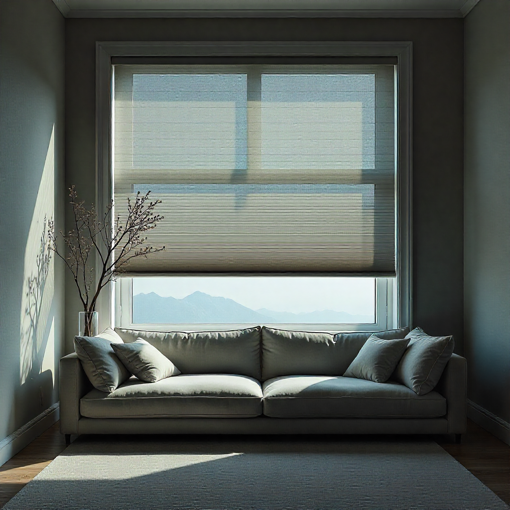 Serene living room featuring acoustic blinds
