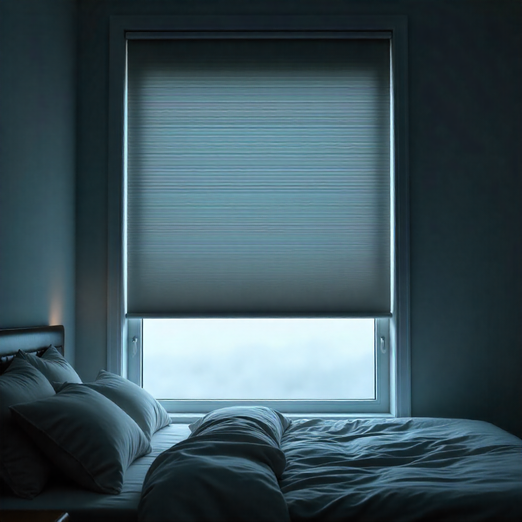 Bedroom window with soft gray acoustic blinds