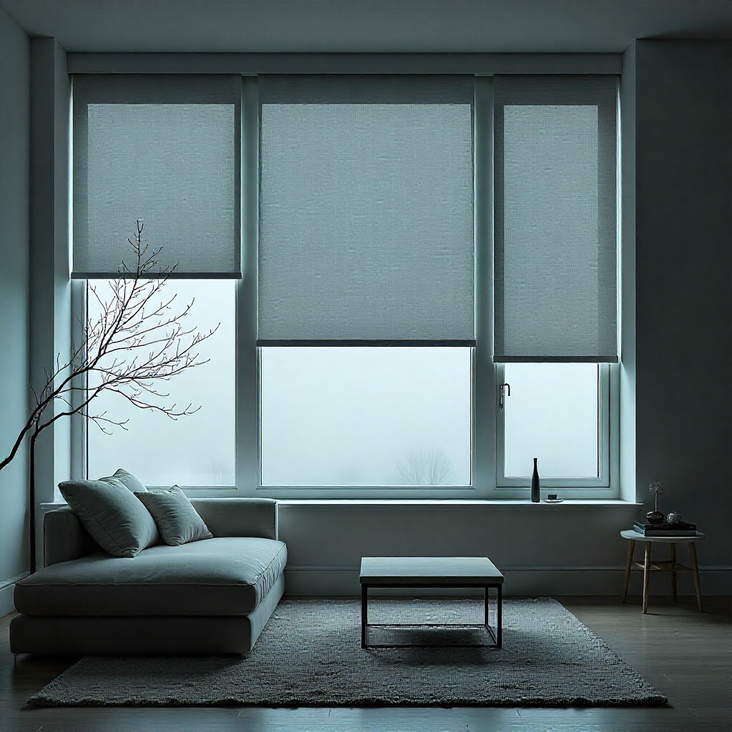 Large windows with neutral palette acoustic blinds