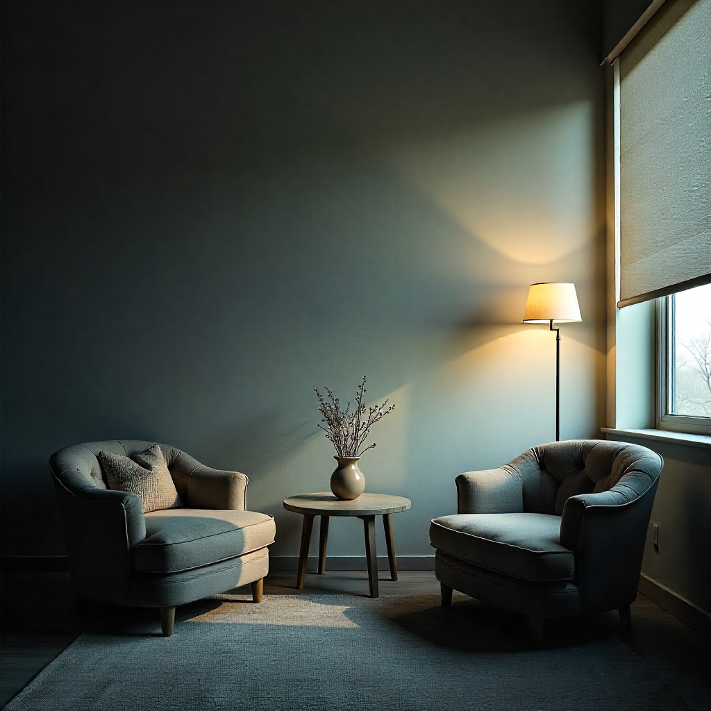 Partially lowered acoustic blinds with warm muted sunlight